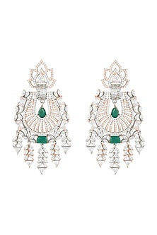 Silver plated faux diamond and emerald long earrings