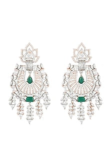 Silver plated faux diamond and emerald long earrings