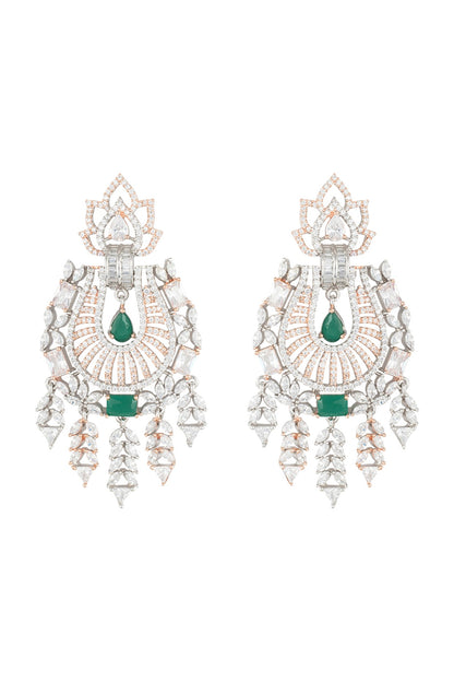Silver plated faux diamond and emerald long earrings