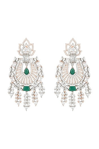 Silver plated faux diamond and emerald long earrings