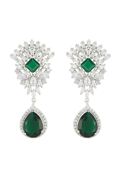 Silver plated diamond and faux emerald drop earrings