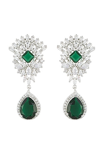 Silver plated diamond and faux emerald drop earrings