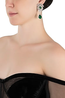 Silver plated diamond and faux emerald drop earrings