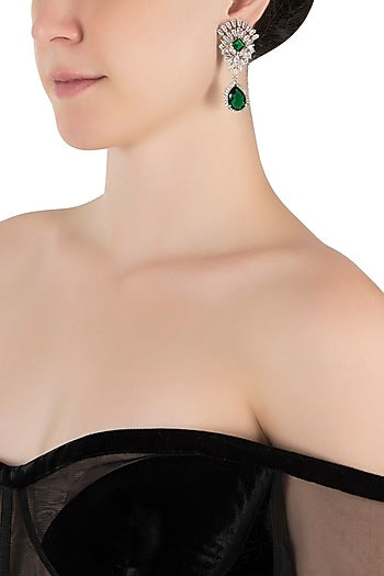 Silver plated diamond and faux emerald drop earrings