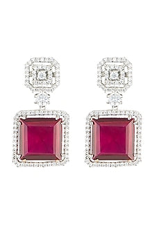 Silver plated faux ruby and diamond drop earrings