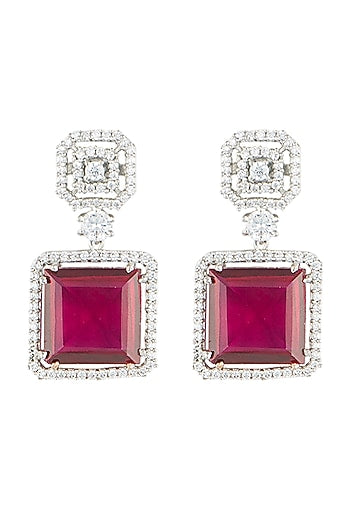 Silver plated faux ruby and diamond drop earrings