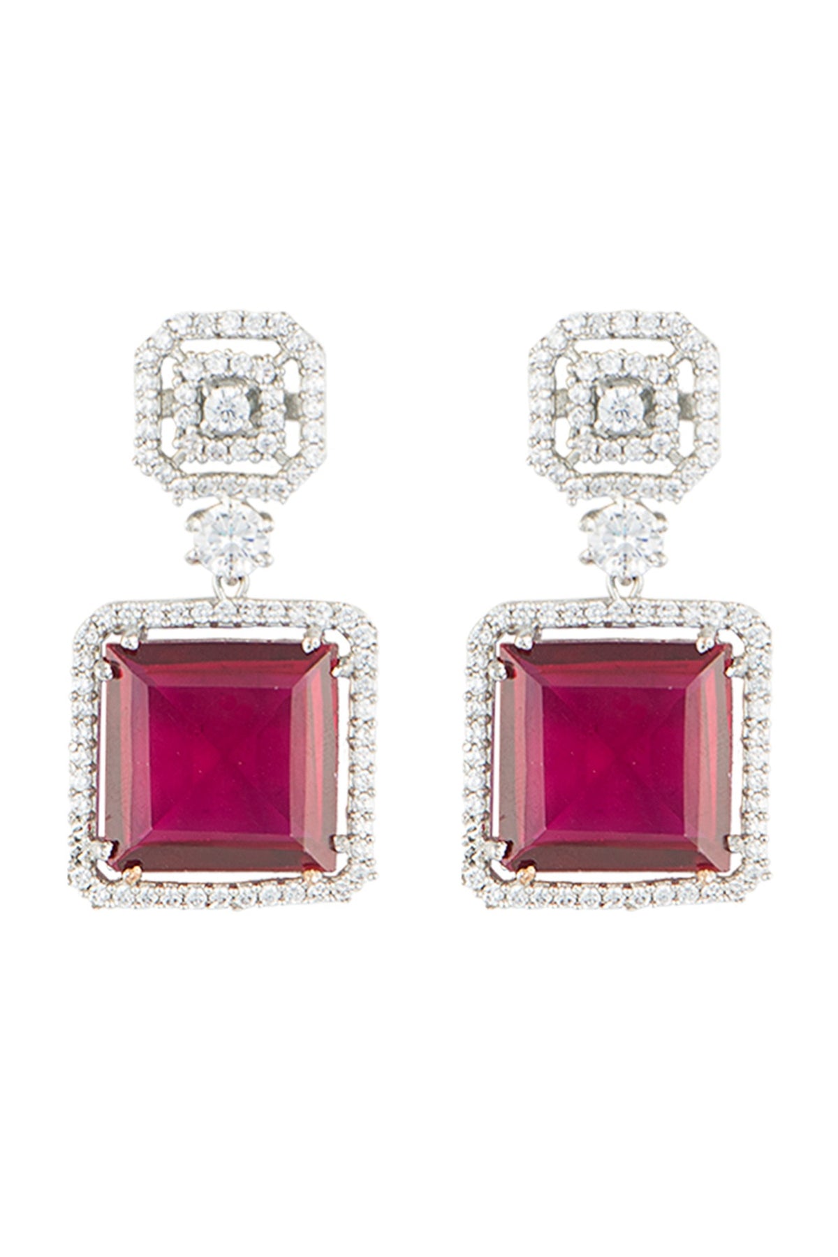 Silver plated faux ruby and diamond drop earrings