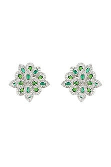 Silver plated faux emerald and diamond stud earrings