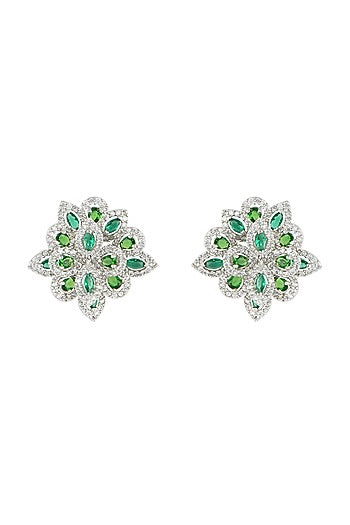Silver plated faux emerald and diamond stud earrings