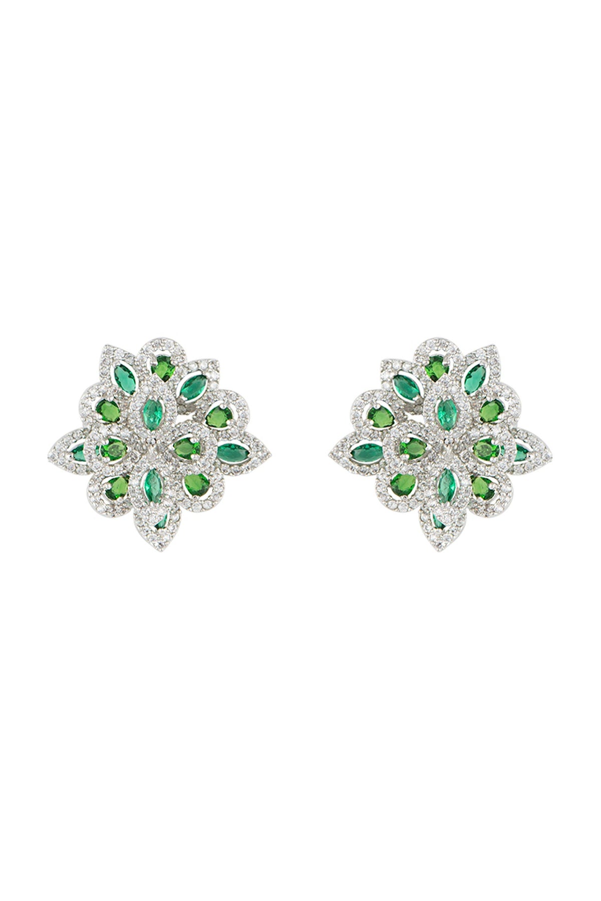 Silver plated faux emerald and diamond stud earrings