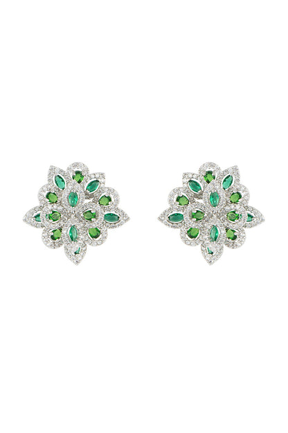 Silver plated faux emerald and diamond stud earrings