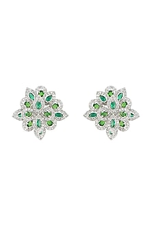 Silver plated faux emerald and diamond stud earrings