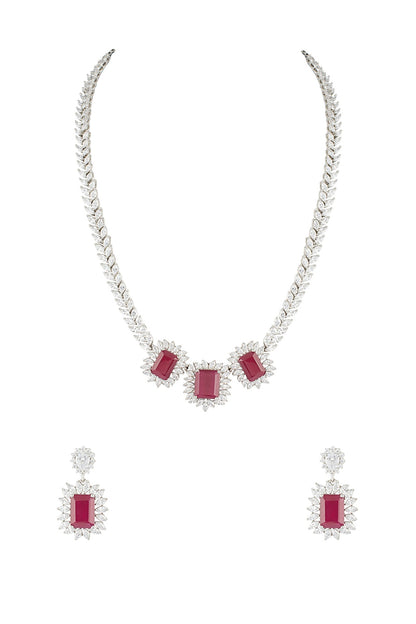 Silver plated faux diamond and ruby necklace set