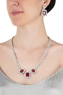 Silver plated faux diamond and ruby necklace set