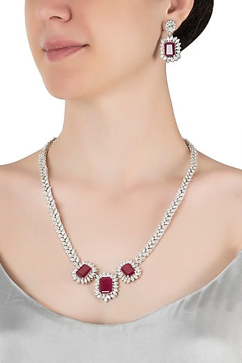 Silver plated faux diamond and ruby necklace set