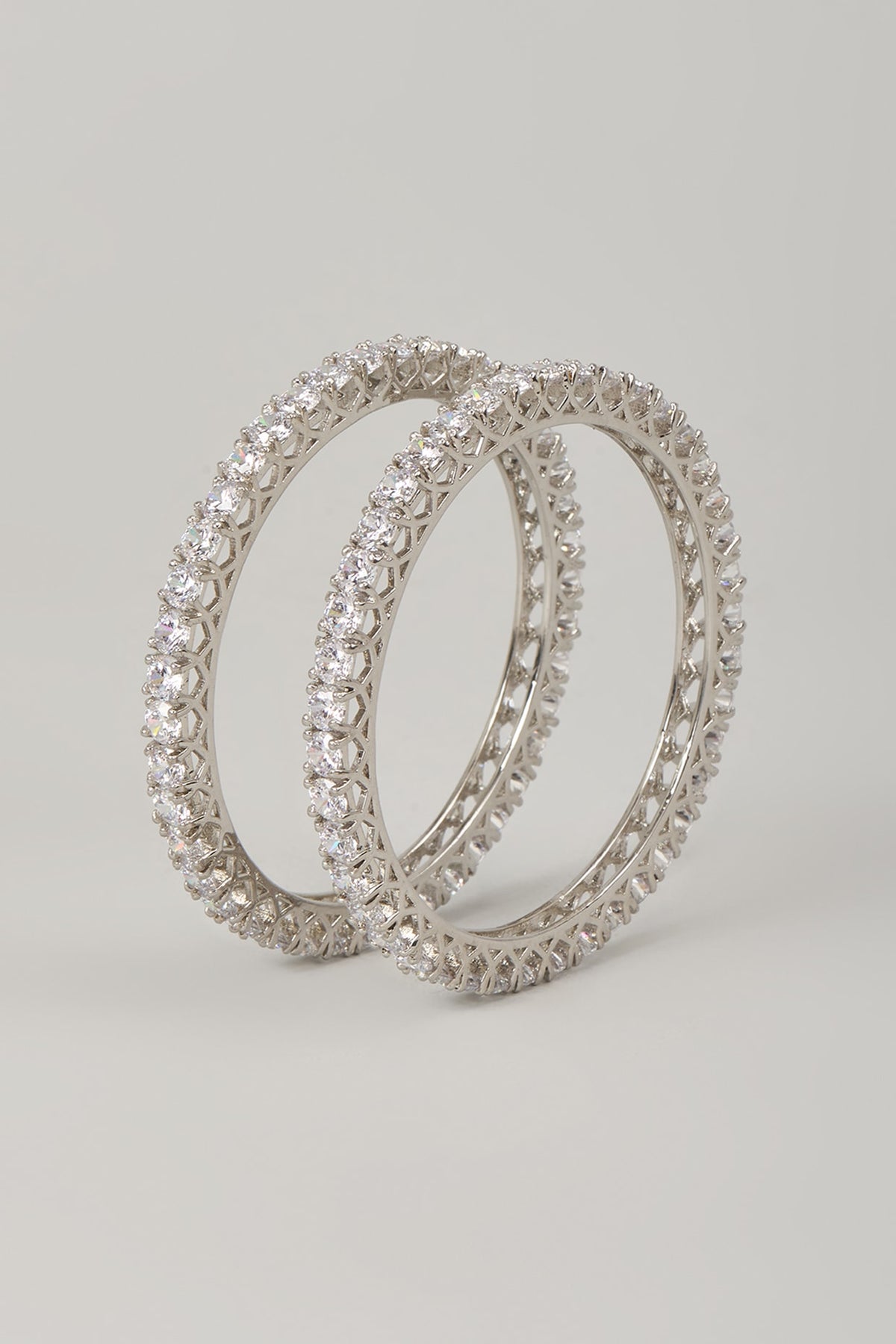 White Rhodium Finish Cubic Zirconia Handcrafted Openable Bangles In Sterling Silver