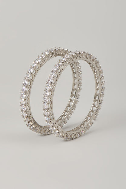 White Rhodium Finish Cubic Zirconia Handcrafted Openable Bangles In Sterling Silver