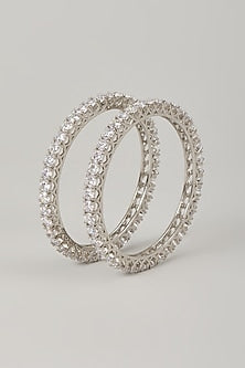White Rhodium Finish Cubic Zirconia Handcrafted Openable Bangles In Sterling Silver