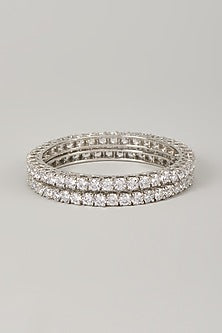 White Rhodium Finish Cubic Zirconia Handcrafted Openable Bangles In Sterling Silver