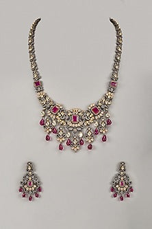 Two-Tone Finish Kundan Polki & Ruby Stone Handcrafted Necklace Set In Sterling Silver
