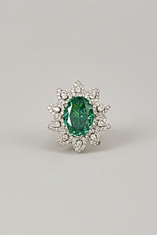 White Rhodium Finish Emerald Stone Handcrafted Ring In Sterling Silver
