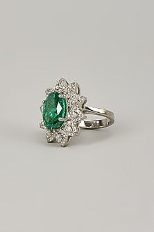 White Rhodium Finish Emerald Stone Handcrafted Ring In Sterling Silver