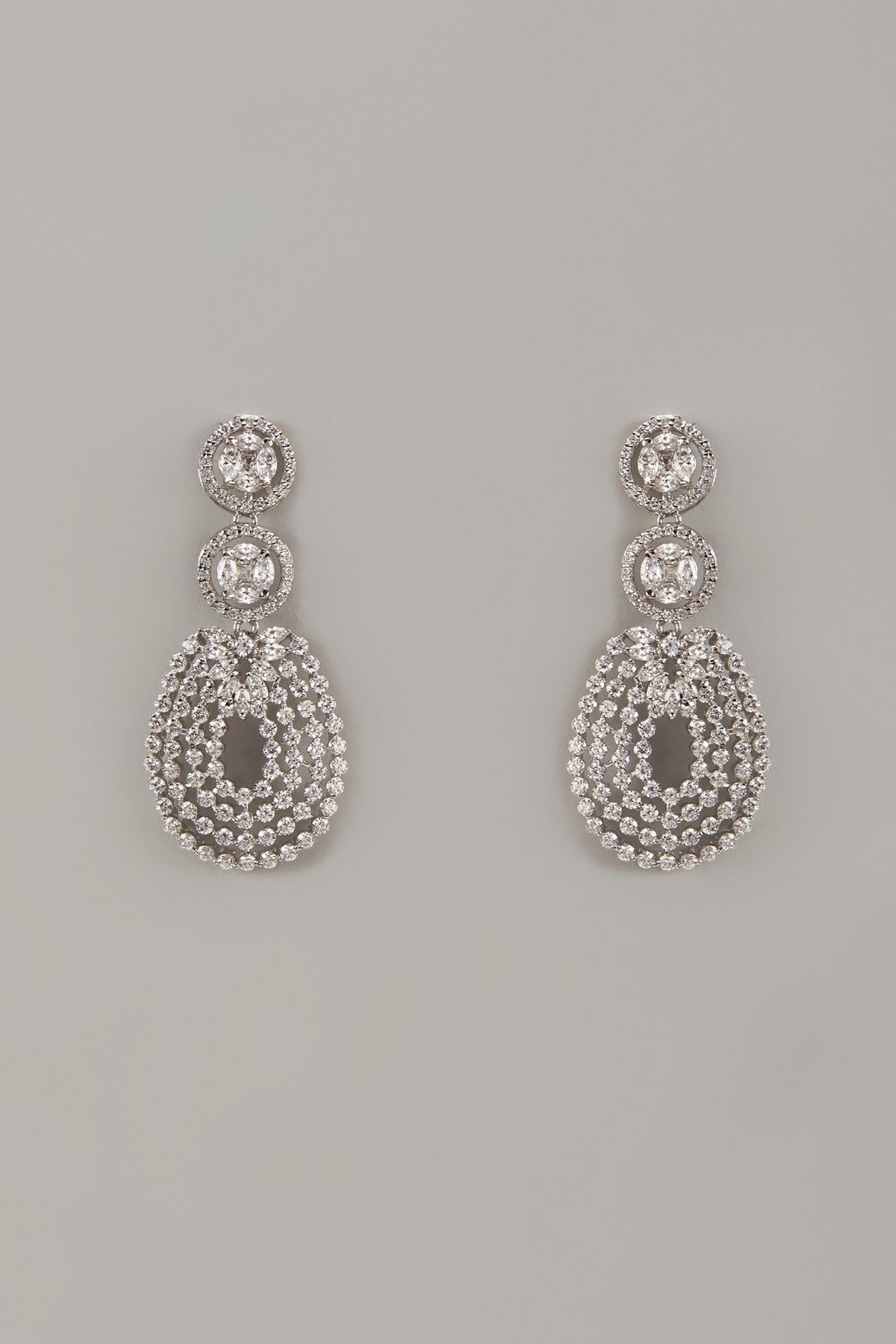 White Rhodium Finish Cubic Zirconia Handcrafted Earrings In Sterling Silver