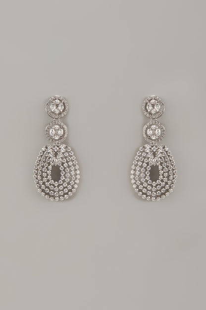 White Rhodium Finish Cubic Zirconia Handcrafted Earrings In Sterling Silver