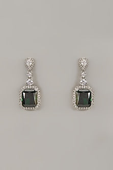 White Rhodium Finish Emerald Stone Handcrafted Earrings In Sterling Silver