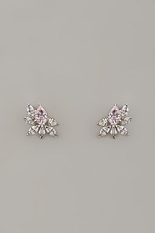 White Rhodium Finish Pink Sapphire Stone Handcrafted Earrings In Sterling Silver