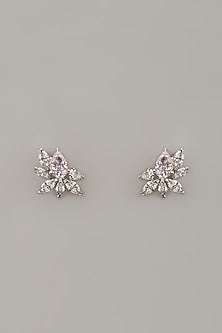 White Rhodium Finish Pink Sapphire Stone Handcrafted Earrings In Sterling Silver