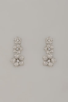 White Rhodium Finish Cubic Zirconia Handcrafted Earrings In Sterling Silver