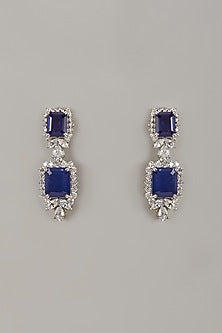 White Rhodium Finish Blue Sapphire Stone Handcrafted Earrings In Sterling Silver