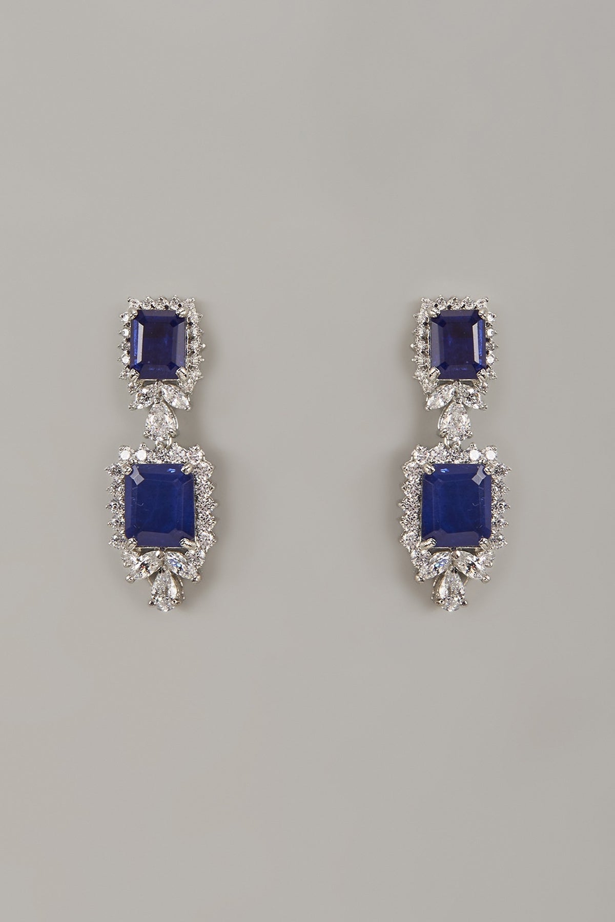 White Rhodium Finish Blue Sapphire Stone Handcrafted Earrings In Sterling Silver