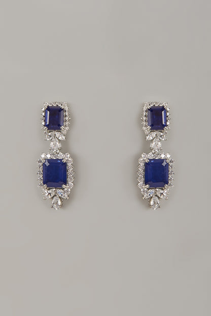 White Rhodium Finish Blue Sapphire Stone Handcrafted Earrings In Sterling Silver