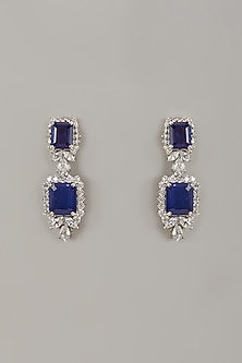 White Rhodium Finish Blue Sapphire Stone Handcrafted Earrings In Sterling Silver