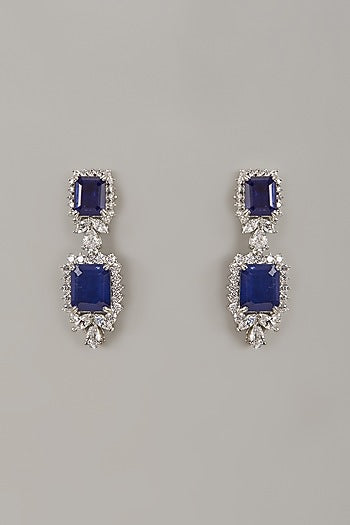 White Rhodium Finish Blue Sapphire Stone Handcrafted Earrings In Sterling Silver