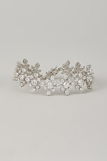 White Rhodium Finish Blue Cubic Zirconia Handcrafted Bracelet In Sterling Silver