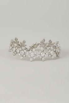 White Rhodium Finish Blue Cubic Zirconia Handcrafted Bracelet In Sterling Silver