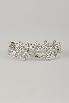 White Rhodium Finish Blue Cubic Zirconia Handcrafted Bracelet In Sterling Silver