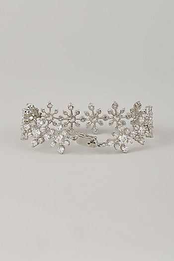 White Rhodium Finish Blue Cubic Zirconia Handcrafted Bracelet In Sterling Silver