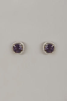White Rhodium Finish Purple Sapphire Stone Handcrafted Earrings In Sterling Silver
