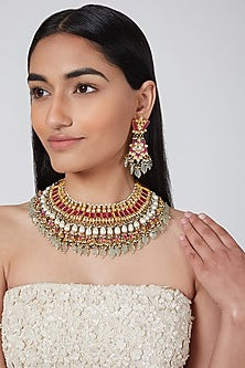 Gold Plated Sea Green Stones Kundan Necklace Set