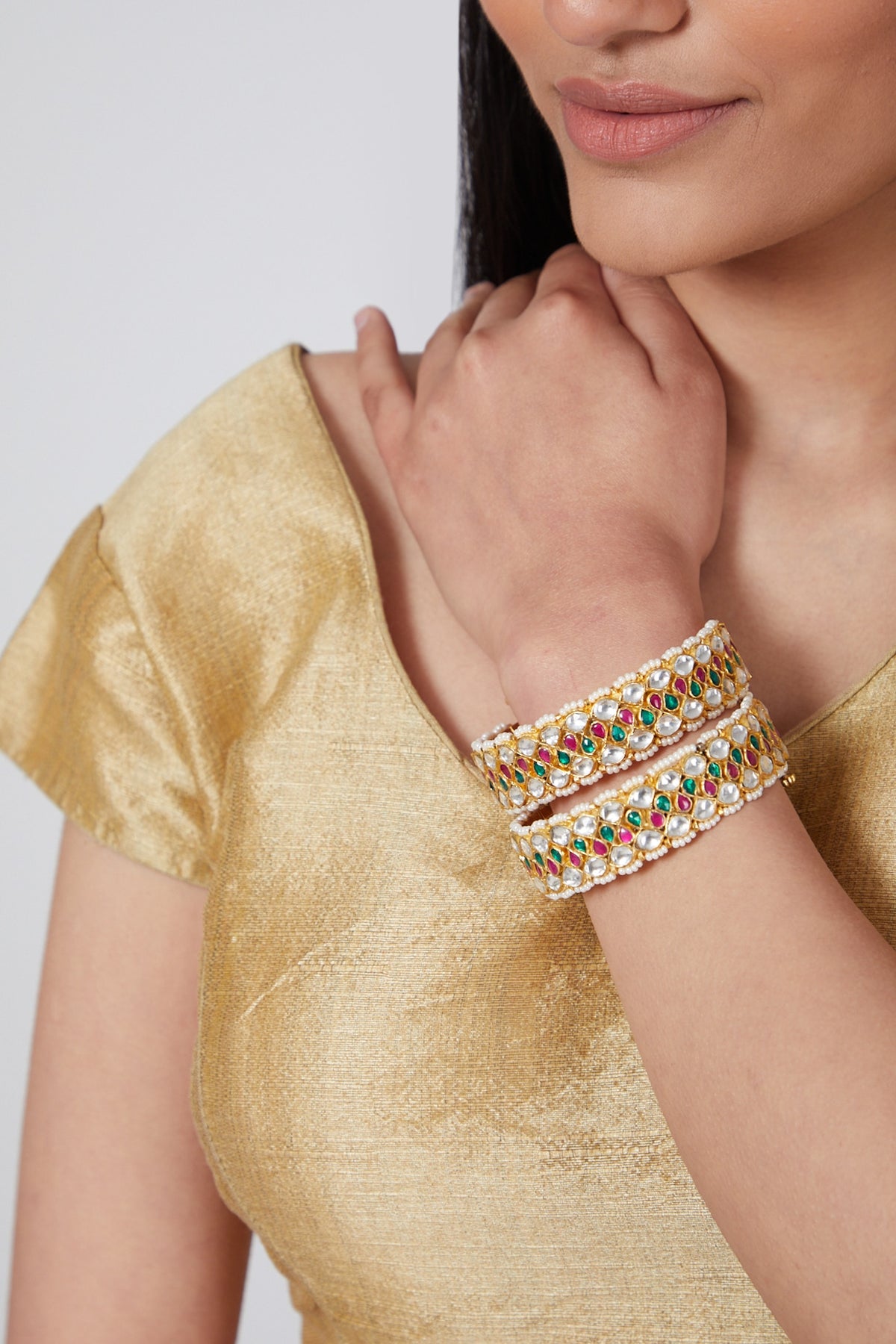 Gold Plated White Stones Kundan Bangles