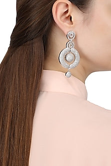 Rhodium Finish American Diamonds Round Drop Earrings