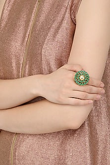 Gold Plated Green Stones and Pearl Ring
