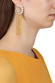 Gold Plated American Diamond and Chain Tassel Earrings
