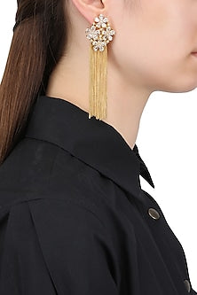Gold Plated Floral American Diamond and Chain Tassel Earrings