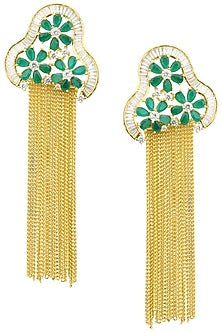 Gold Plated American Diamond, Green Stones and Chain Tassel Earrings