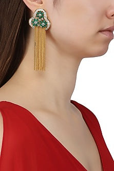 Gold Plated American Diamond, Green Stones and Chain Tassel Earrings